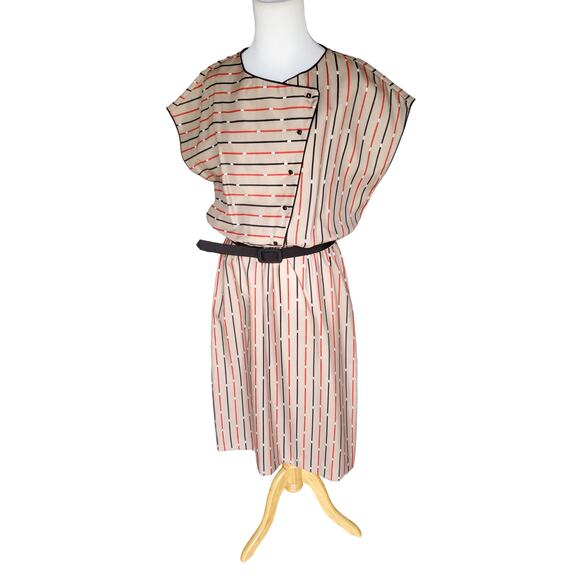 Vintage Joan Curtis Dress Striped Belted Short Sleeve Tan Black Red Sz 16 - Picture 7 of 12